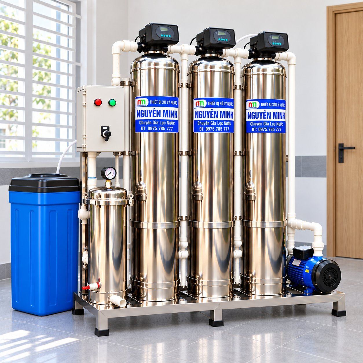 Cụm lọc inox với bồn muối xanh