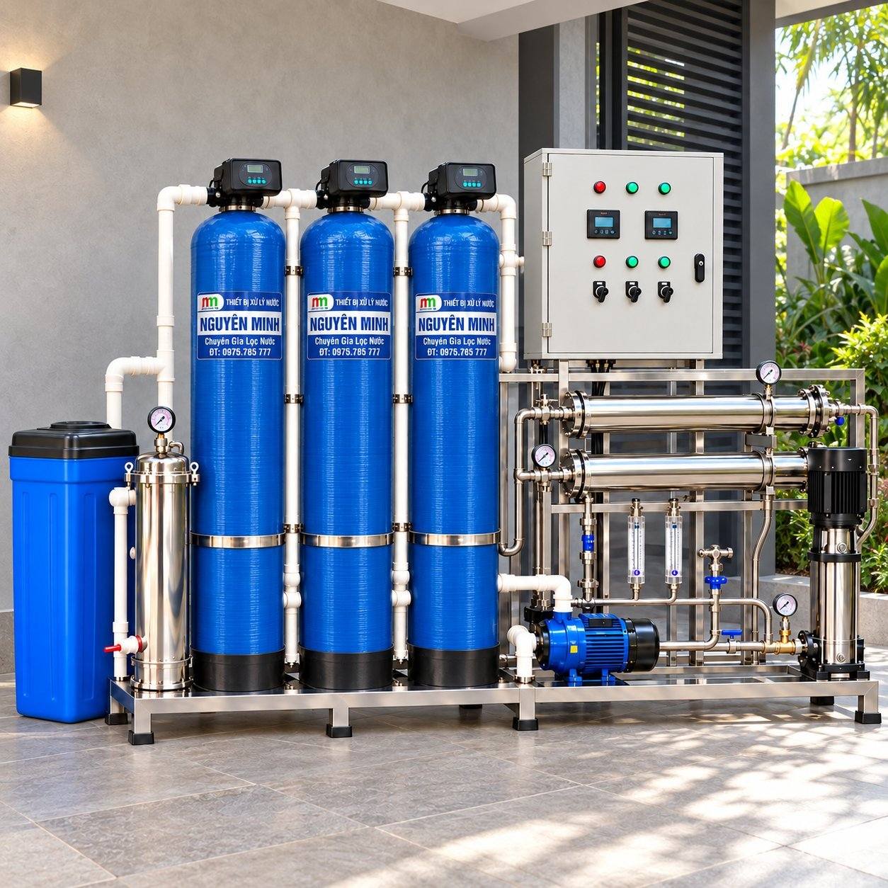 Hệ RO composite xanh cobalt ngoài hiên